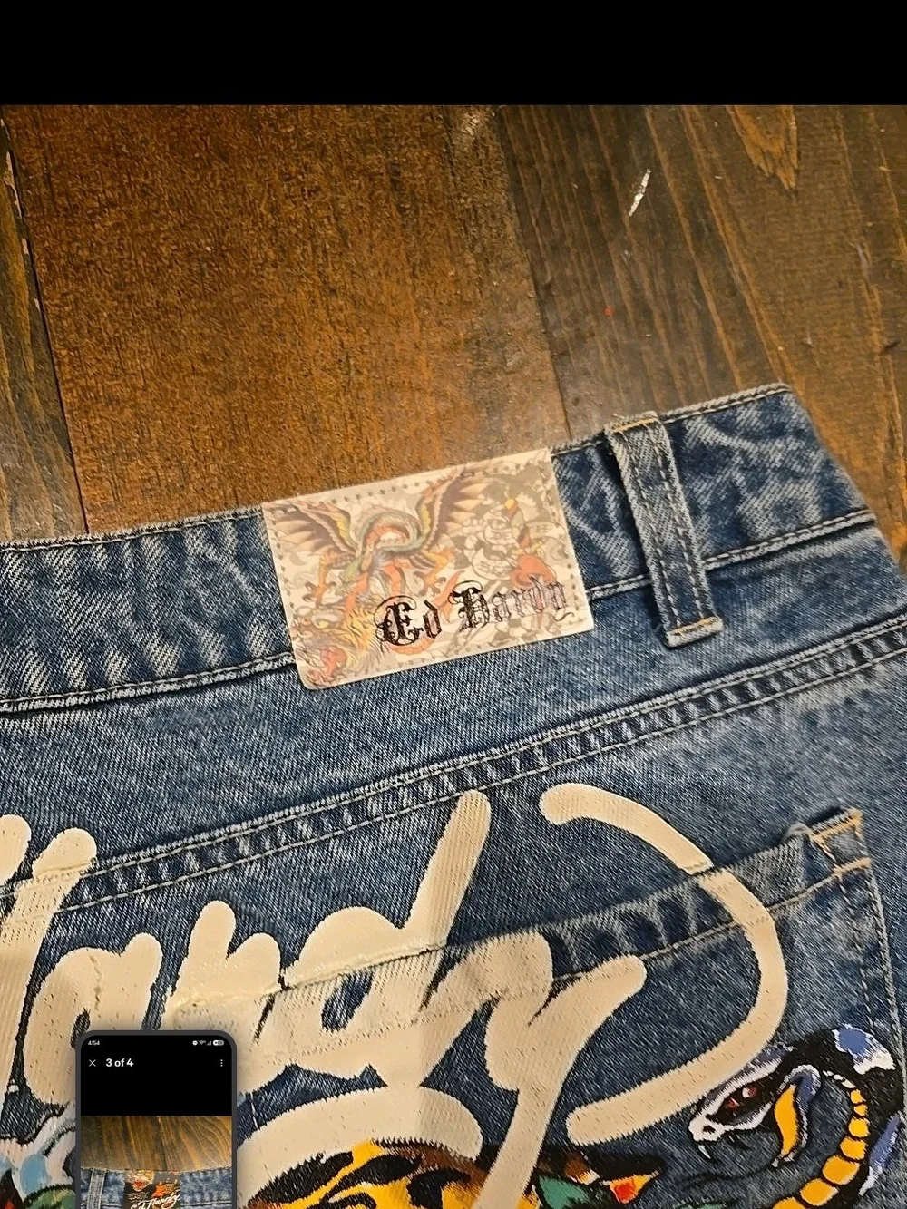 Ed Hardy Blue Denim Wide-Leg Jeans with Colorful Embroidered Back - Picture 4 of 5